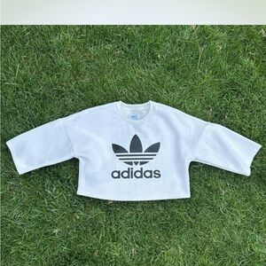 Adidas Cropped Sweatshirt - White Waffle Knit with Black Trefoil Logo